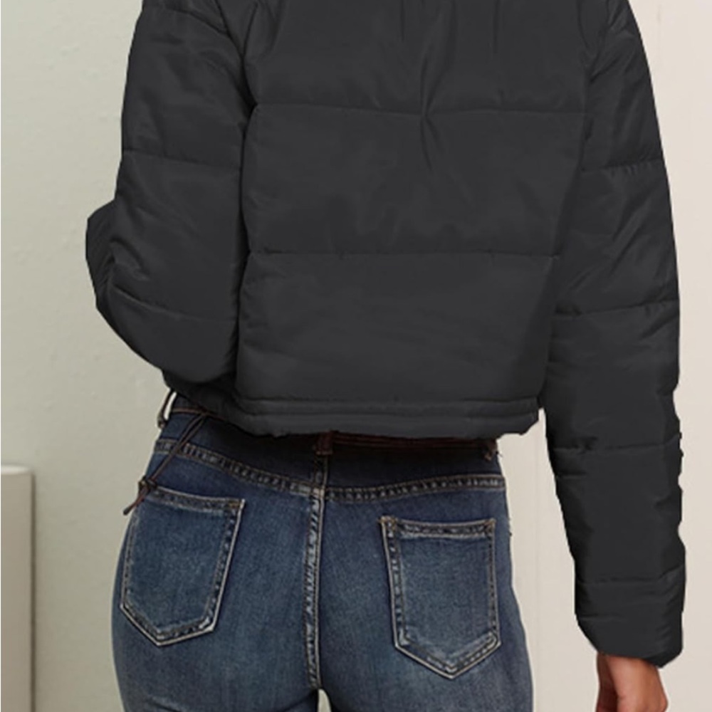Black Cropped Puffer Jacket with High Collar and Quilted Design - Picture 7 of 8